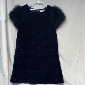 CHARABIA navy and black feather sleeve back zip up lined dress